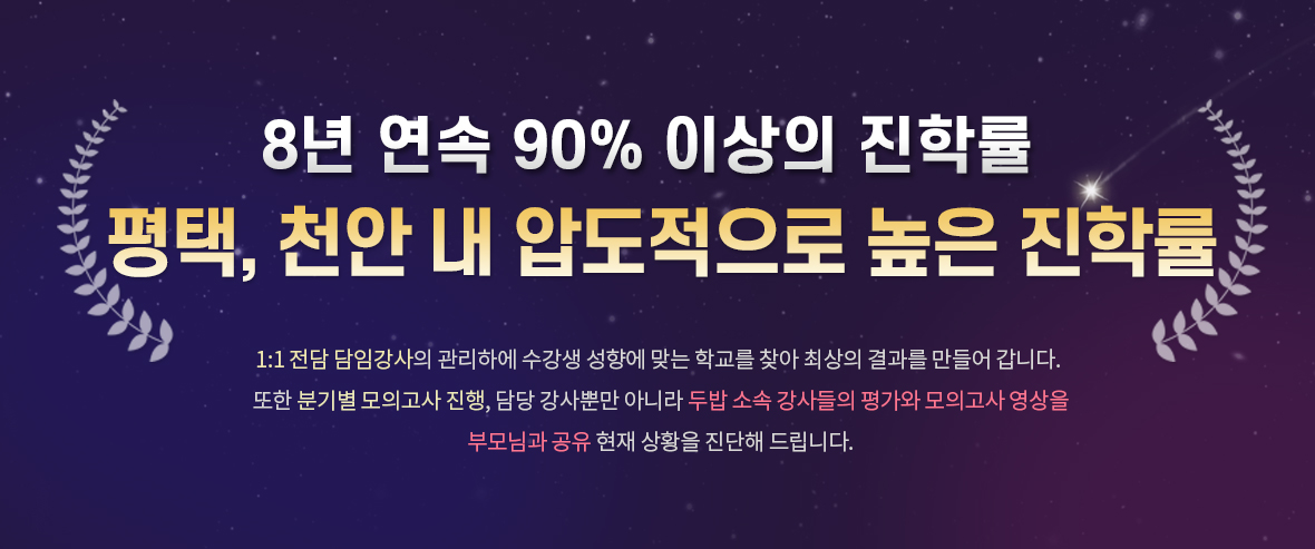 8년 연속 90% 이상의 진학률 평택, 천안 진학률 압도적 1위 1:1 전담 담임강사의 관리하에 수강생 성향에 맞는 학교를 찾아 최상의 결과를 만들어 갑니다. 또한 분기별 모의고사 진행, 담당 강사뿐만 아니라 두밥 소속 강사들의 평가와 모의고사 영상을 부모님과 공유 현재 상황을 진단해 드립니다.